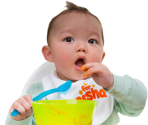 Baby eating wearing a For Aisha bib