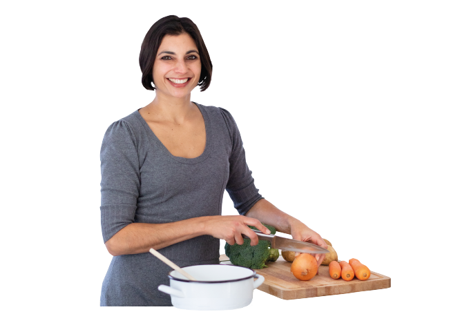 Home chef cutting vegetables with pattern background